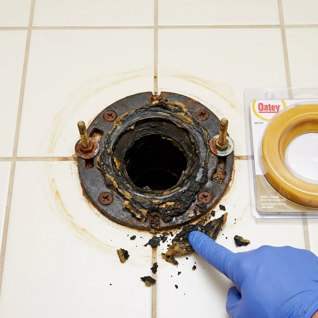 Failed wax ring showing water seepage at the base of a toilet in a Holland, MI home