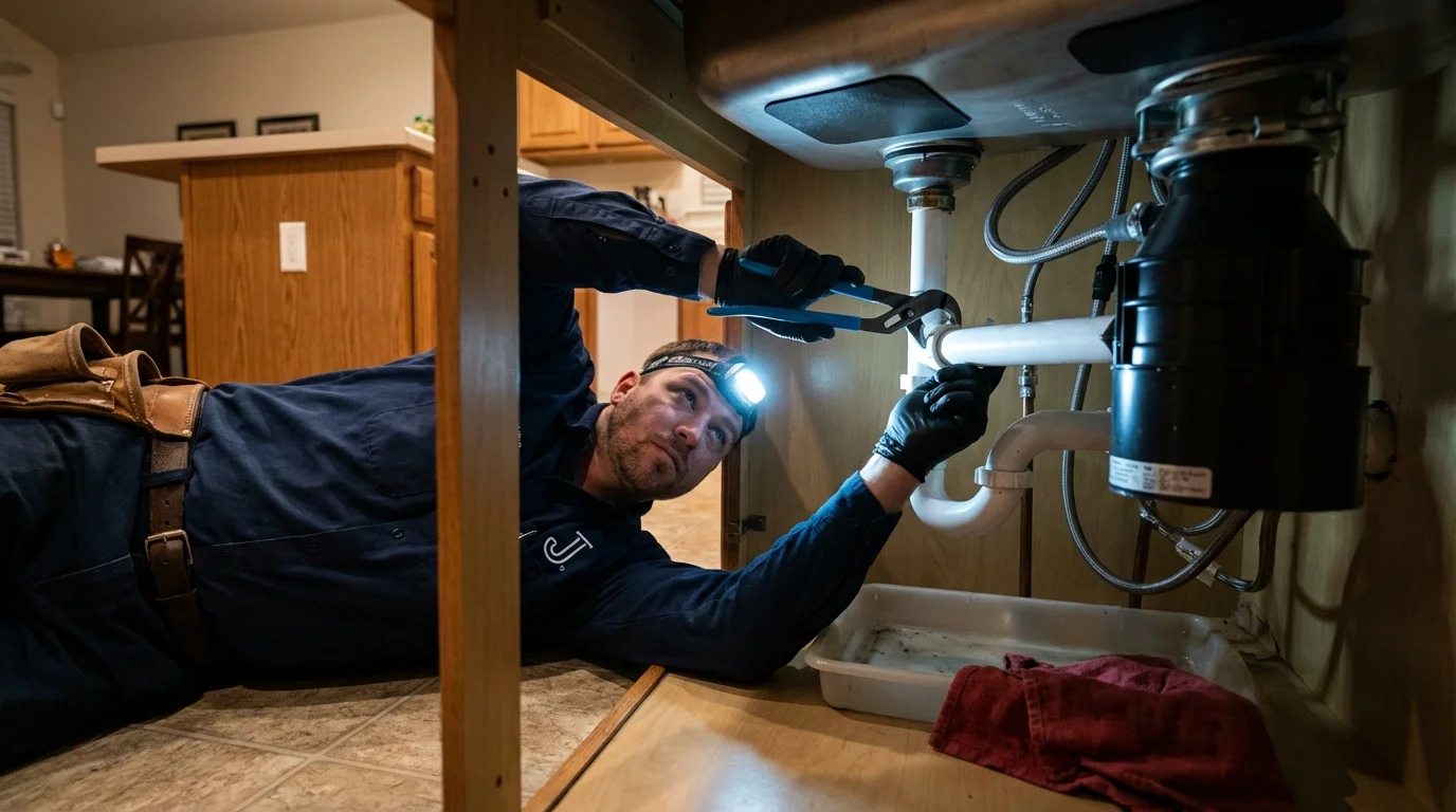 P-trap and supply line connections under a kitchen sink showing a common leak point in Holland, MI